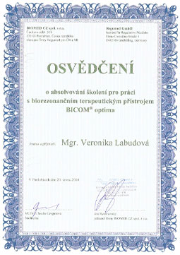 Osvedčenie o absolvovaní školenia pre prácu s biorezonančným terapeutickým prístrojom BICOM Optima.