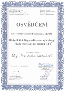 Osvedčenie o absolvovaní seminára biorezonancie BICOM.