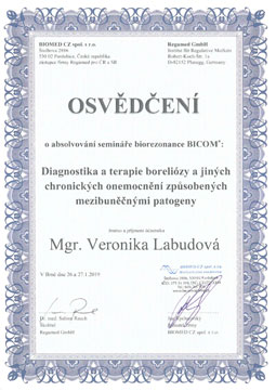 Osvedčenie o absolvovaní seminára biorezonancie BICOM.