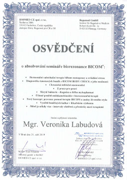 Osvedčenie o absolvovaní seminára biorezonancie BICOM.